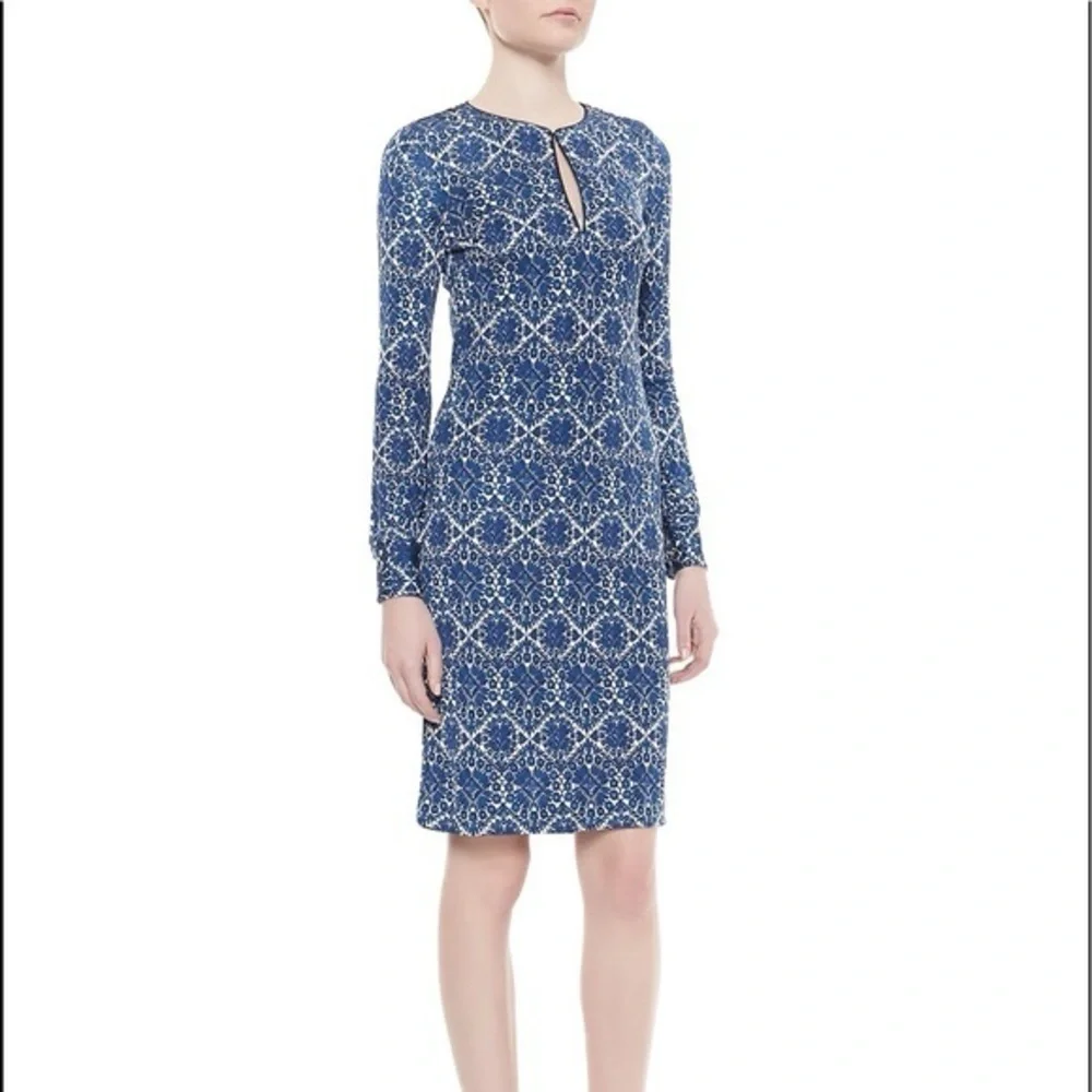 TORY BURCH Walker Long Sleeve‎ Fitted Mini Dress Navy Blue White Size M Keyhole